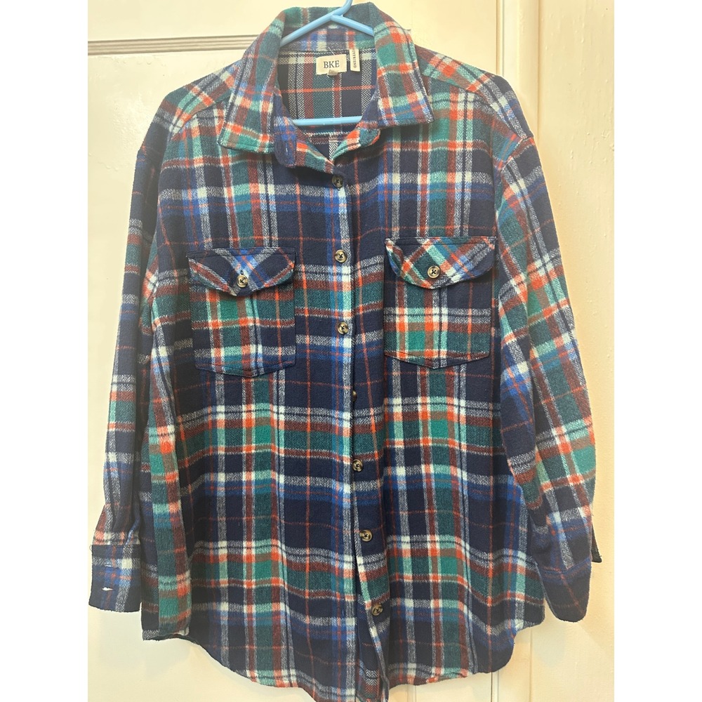BKE Boyfriend Plaid Flannel Shirt Navy Orange Teal Herringbone 84641B Womens L